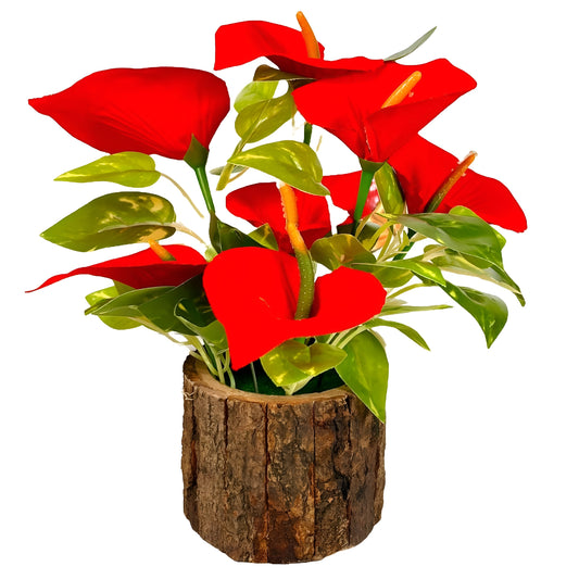 Dekorly Anthurium Artificial red flower arrangement in a wooden pot on a white background