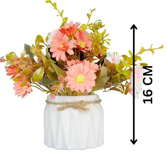 Dekorly Artificial Flowers Colorful Fake Gerbera Daisies Silk Bouquets with Vibrant Color Daisy Faux Flowers for Home Wedding Table (1, Peach & Light Pink, Height : 16CM | One Flower Plant with Pot)