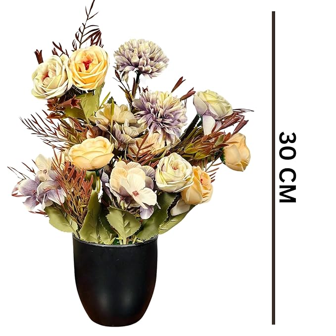 Dekorly Artificial Chrysanthemum with Hydrangea Rose Flowers with BlackCool Pot in Fake Flowers Bouquet for Centerpiece Table Decorations Home Office Kitchen Decor | Height 30 CM