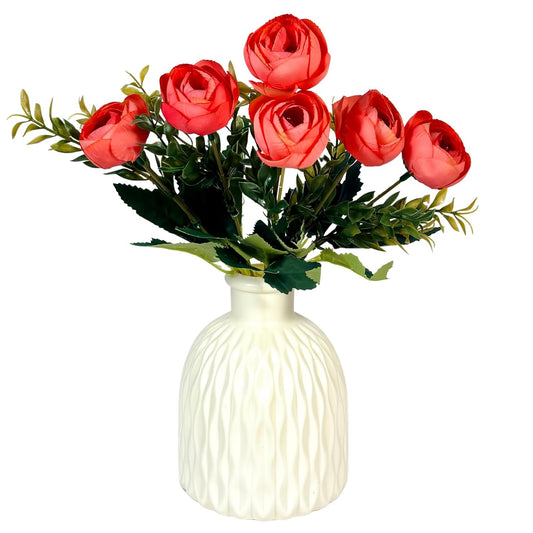 Dekorly Faux Silk, Plastic Artificial Peony Flowers Bunch | White Vase with Flowers Bunch | Artificial Plants for Home Office Hotel Decor | Bedroom Living Room Bathroom Decor (Peach)