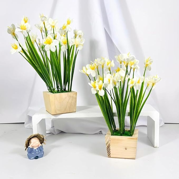 Dekorly Artificial Grass Bush with Daisies Flowers Wood Plants, Office Bedroom Living Room Tabletop Bathroom Decor for Indoor Plants Home Wedding Farmhouse Decor | Height : 25CM | Pack of 2