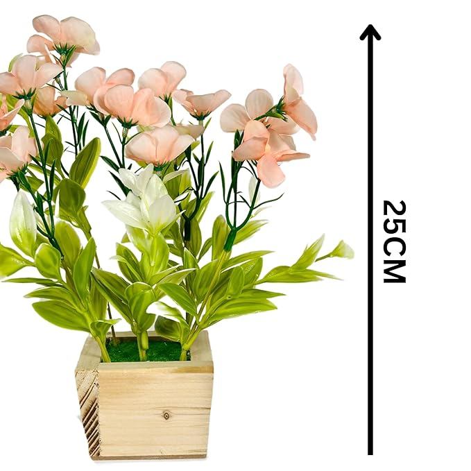 Dekorly Artificial Daisy Fake Flowers Plant Plastic Greenery Shrubs Plants for Home Garden Gifting Shelves Window Table Decor (Height : 25 CM, Pack of 2 Wooden Pot Plants)