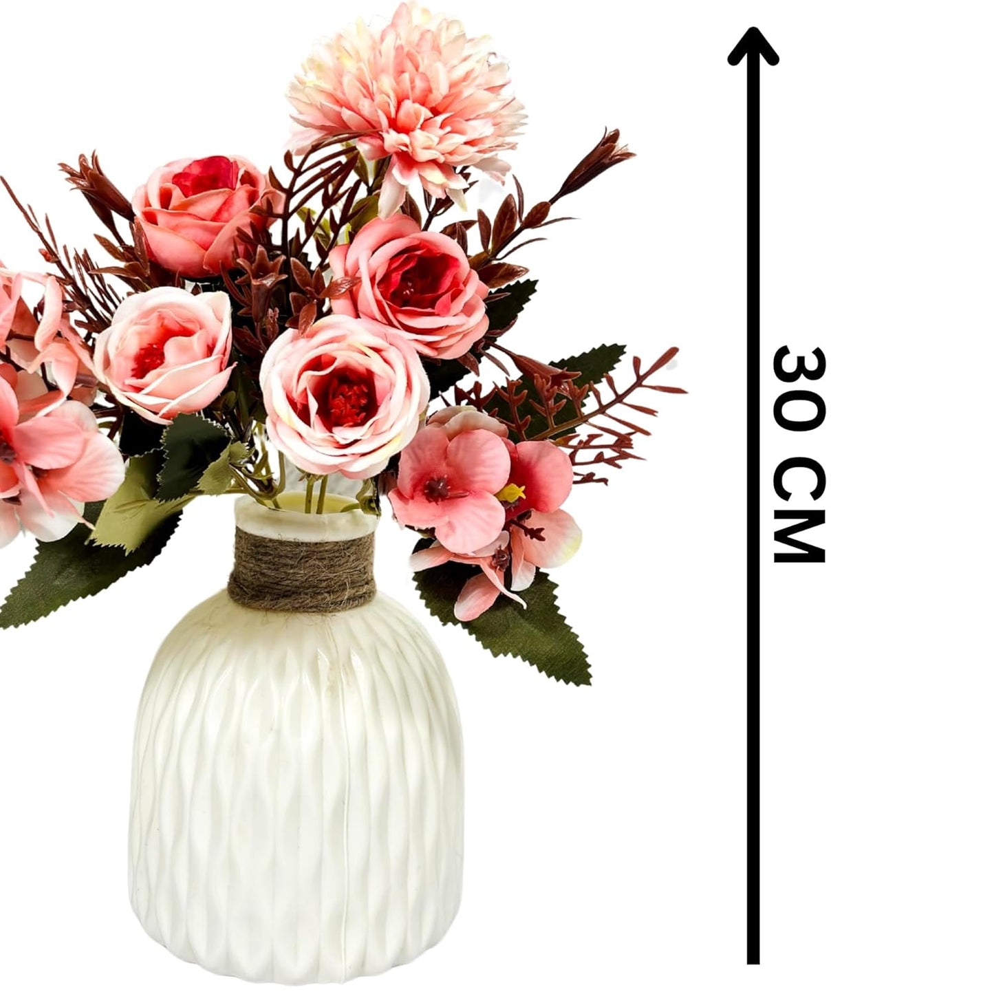 Dekorly Artificial Chrysanthemum with Hydrangea Rose Flowers with Jute Pot Faux Flowers in Fake Flowers Bouquet for Centerpiece Table Decorations Home Office Kitchen Decor | Height 30 CM (Pink)