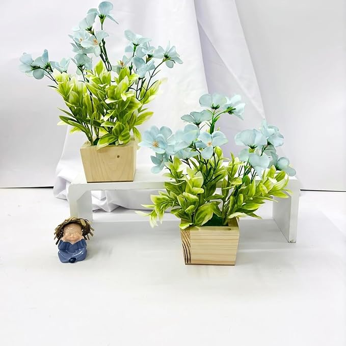 Dekorly Artificial Daisy Fake Flowers Plant Plastic Greenery Shrubs Plants for Home Garden Gifting Shelves Window Table Decor (Height : 25 CM, Pack of 2 Wooden Pot Plants)