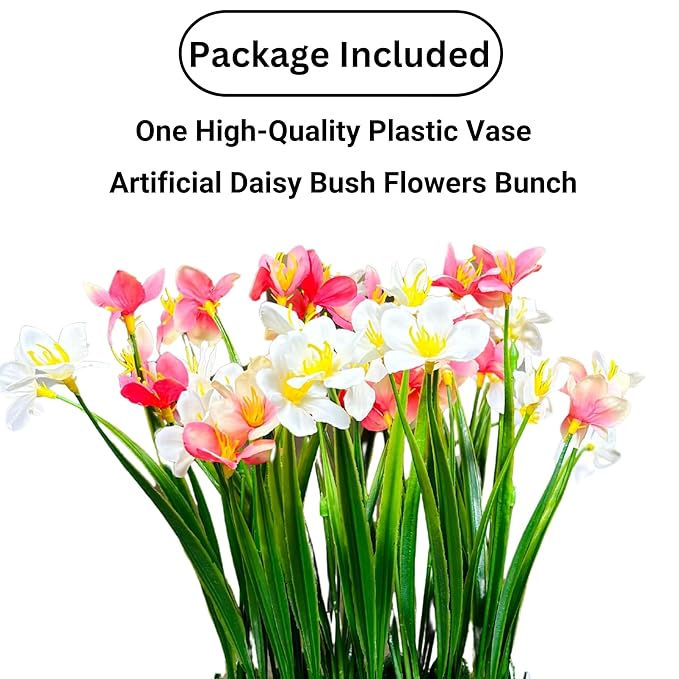 Dekorly Artificial Grass Bush with Daisy Flowers Special Tab Pot, Office Bedroom Living Room Tabletop Bathroom Decor for Plants Home Wedding Farmhouse Decor | Height 30 CM | Free Vase