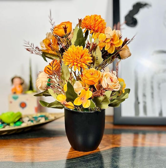 Dekorly Artificial Chrysanthemum with Hydrangea Rose Flowers with BlackCool Pot in Fake Flowers Bouquet for Centerpiece Table Decorations Home Office Kitchen Decor | Height 30 CM