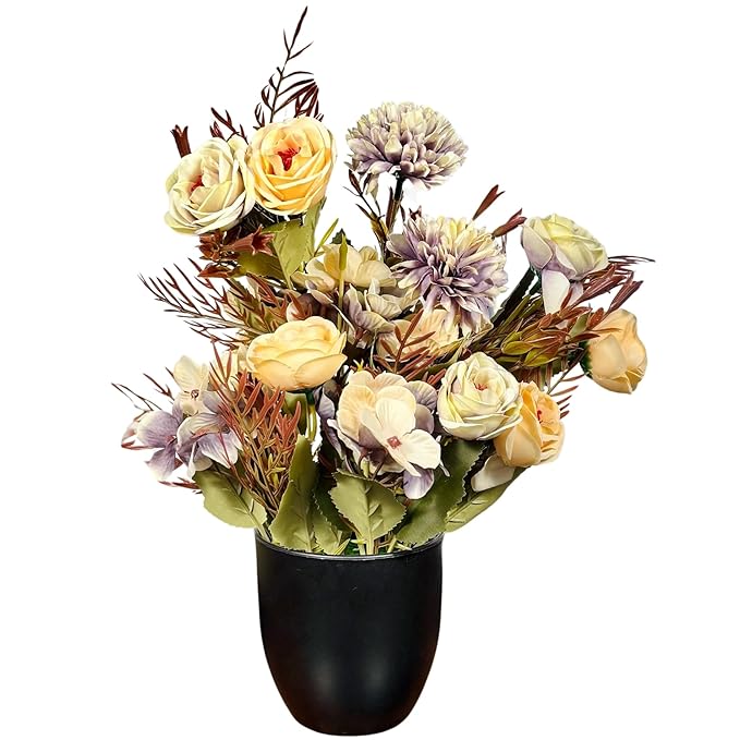 Dekorly Artificial Chrysanthemum with Hydrangea Rose Flowers with BlackCool Pot in Fake Flowers Bouquet for Centerpiece Table Decorations Home Office Kitchen Decor | Height 30 CM