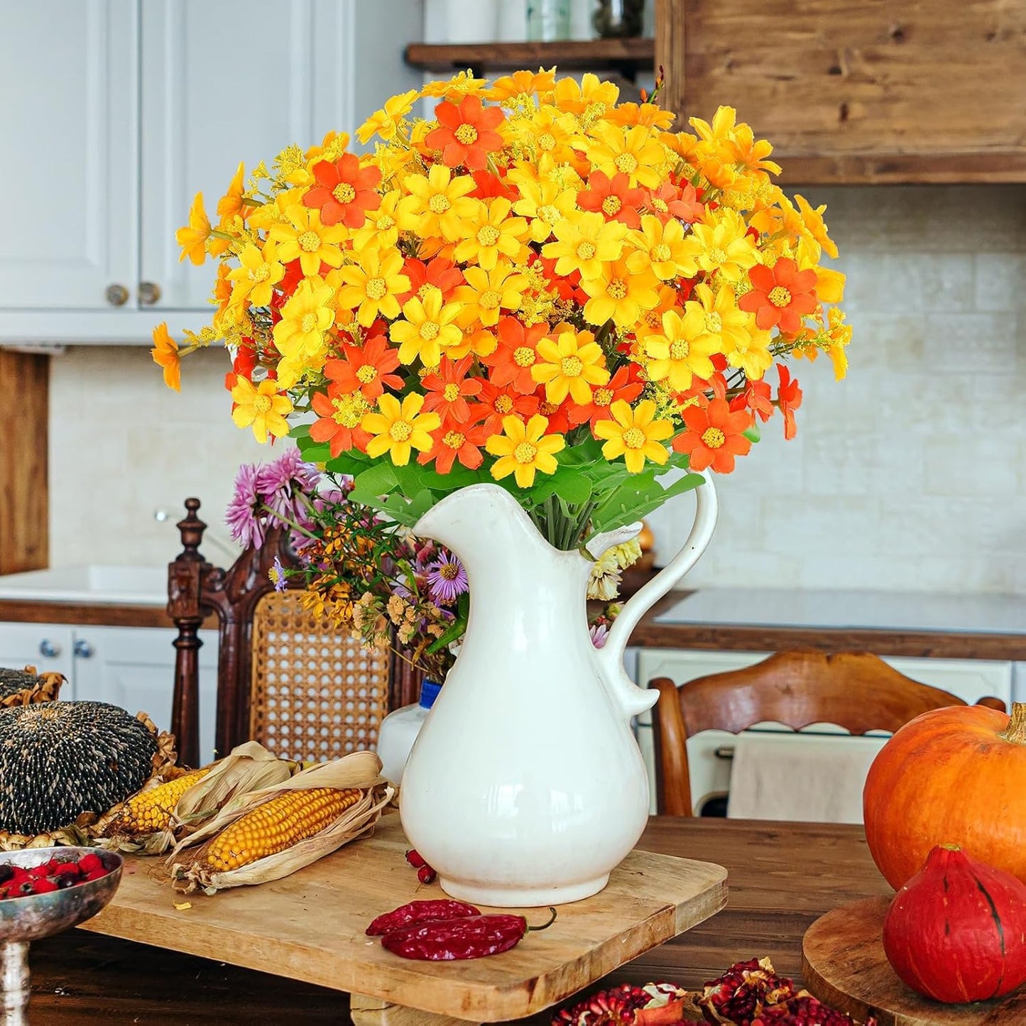 Dekorly Fall Flowers Artificial Daisy Outdoor Fake Mums Flowers UV Resistant Silk Wild Flower Bouquets Bulk Faux Plants for Decoration Vase Floral Spring Home Decor | Height 40 CM (Orange)