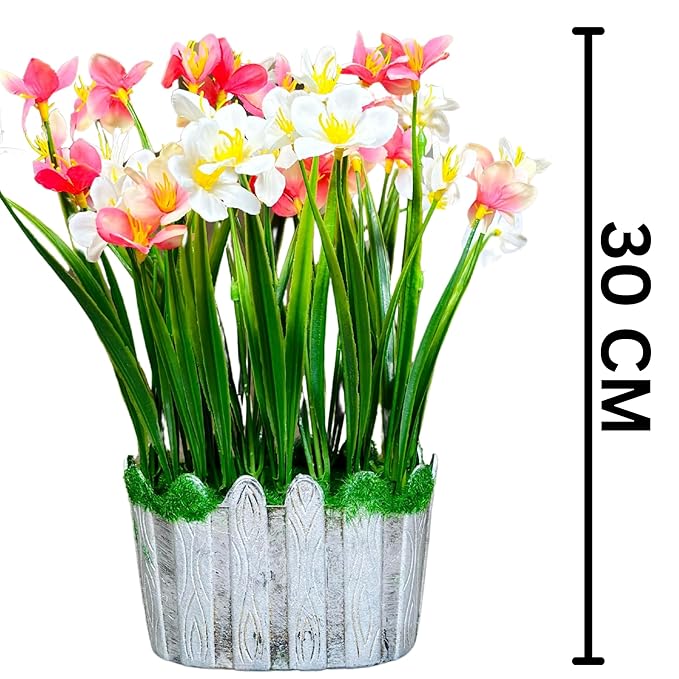 Dekorly Artificial Grass Bush with Daisy Flowers Special Tab Pot, Office Bedroom Living Room Tabletop Bathroom Decor for Plants Home Wedding Farmhouse Decor | Height 30 CM | Free Vase