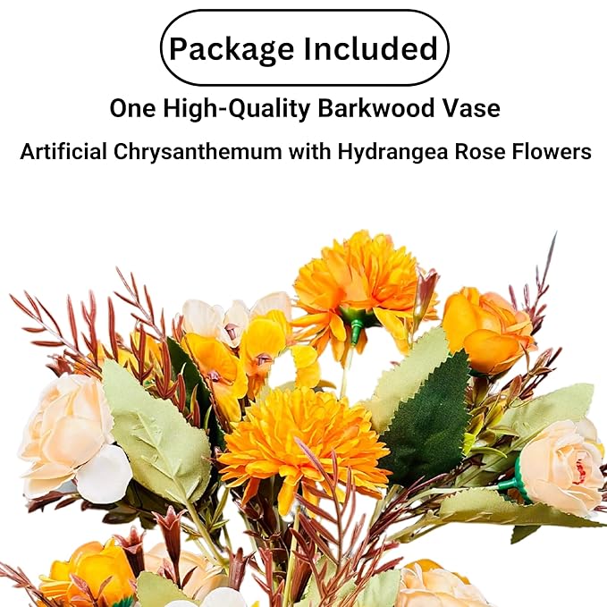 Dekorly Artificial Chrysanthemum with Hydrangea Rose Flowers with Barwood Pot in Fake Flowers Bouquet for Centerpiece Table Decorations Home Office Kitchen Decor | Height 28 CM