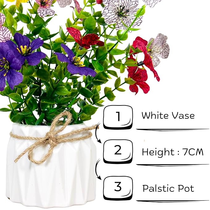 Dekorly Artificial Daisy Flower Eucalyptus Leves with Zigzag Pot Faux Flowers in Fake Flowers Bouquet for Table Decorations Home Office Kitchen Decor | Height 17 CM | Free Vase (Pack of 1)