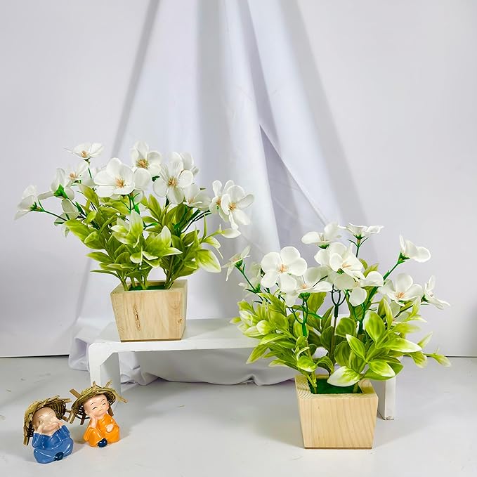 Dekorly Artificial Daisy Fake Flowers Plant Plastic Greenery Shrubs Plants for Home Garden Gifting Shelves Window Table Decor (Height : 25 CM, Pack of 2 Wooden Pot Plants)