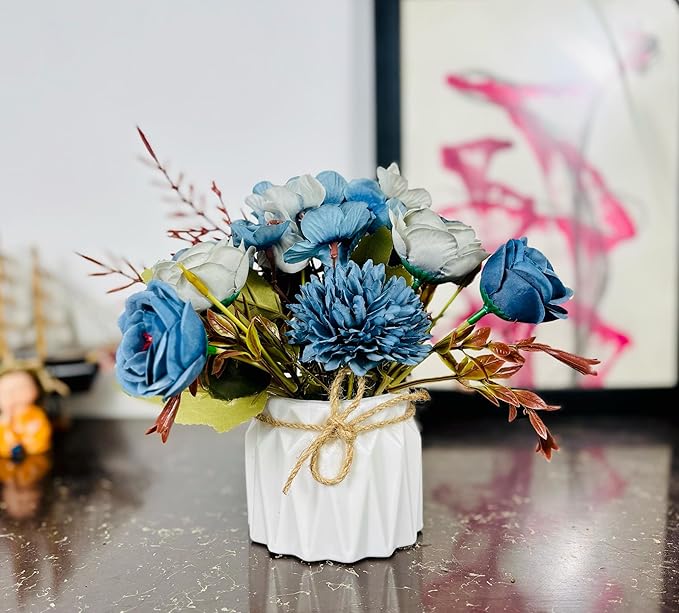 Dekorly Artificial Chrysanthemum with Hydrangea Rose Flowers with Zigzag Pot Faux Flowers in Fake Flowers Bouquet for Table Decorations Home Office Kitchen Decor | Height 12 CM