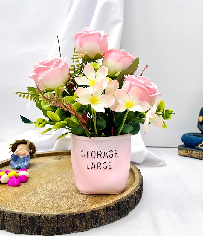 Dekorly Artificial Silk Roses Flowers with Pink Vase,Fake Eucalyptus Flower Arrangement for Home Office Hotel Bathroom Dining Table Decorations Restaurant Decor | Height 30 CM