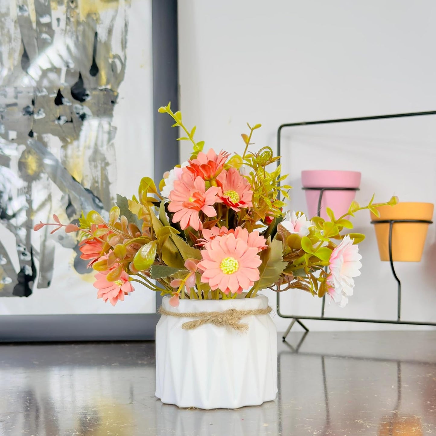 Dekorly Artificial Flowers Colorful Fake Gerbera Daisies Silk Bouquets with Vibrant Color Daisy Faux Flowers for Home Wedding Table (1, Peach & Light Pink, Height : 16CM | One Flower Plant with Pot)