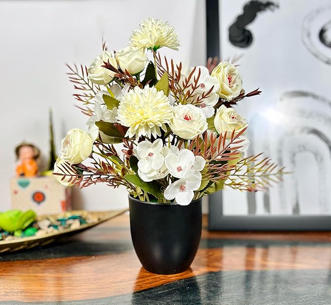 Dekorly Artificial Chrysanthemum with Hydrangea Rose Flowers with BlackCool Pot in Fake Flowers Bouquet for Centerpiece Table Decorations Home Office Kitchen Decor | Height 30 CM