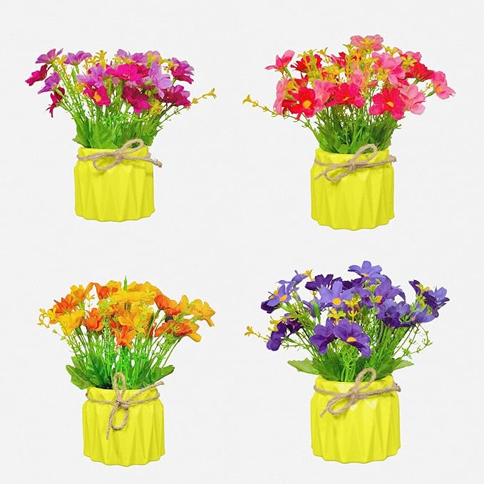 Dekorly Artificial Daisy Flowers Plastic Pot Flowers in Fake Flowers Bouquet for Table Decorations Artificial Plant Home Office Decor | Height 15 CM (Pack of 4)