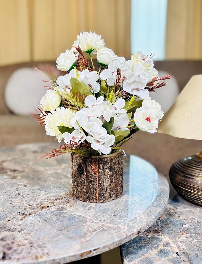 Dekorly Artificial Chrysanthemum with Hydrangea Rose Flowers with Barwood Pot in Fake Flowers Bouquet for Centerpiece Table Decorations Home Office Kitchen Decor | Height 28 CM