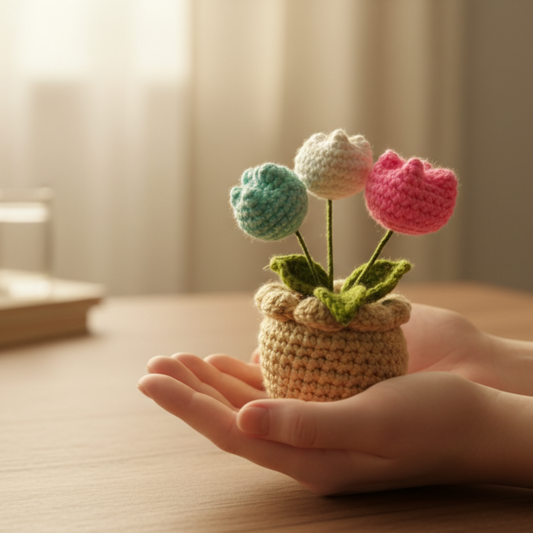 Dekorly Artificial Tulip 3 Head Multicolor Crochet Flower Plant with Pot 6.5 Inch Height Handmade Knitted Tulip Bouquet Table Top Home Office Desk Decor Cute Gift
