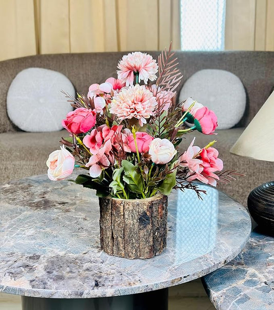 Dekorly Artificial Chrysanthemum with Hydrangea Rose Flowers with Barwood Pot in Fake Flowers Bouquet for Centerpiece Table Decorations Home Office Kitchen Decor | Height 28 CM