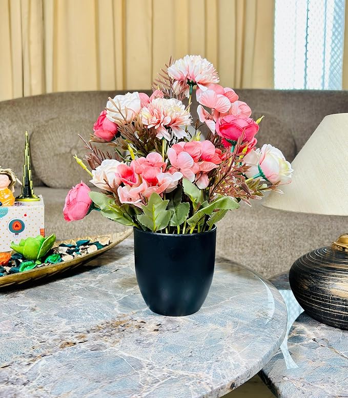 Dekorly Artificial Chrysanthemum with Hydrangea Rose Flowers with BlackCool Pot in Fake Flowers Bouquet for Centerpiece Table Decorations Home Office Kitchen Decor | Height 30 CM