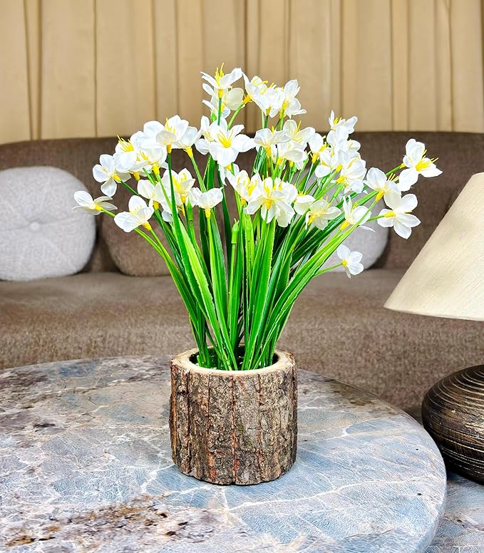 Dekorly Artificial Grass Bush with Daisy Flowers Barkwood Pot Plants, Office Bedroom Living Room Tabletop Bathroom Decor for Plants Home Wedding Farmhouse Decor | Height 30 CM