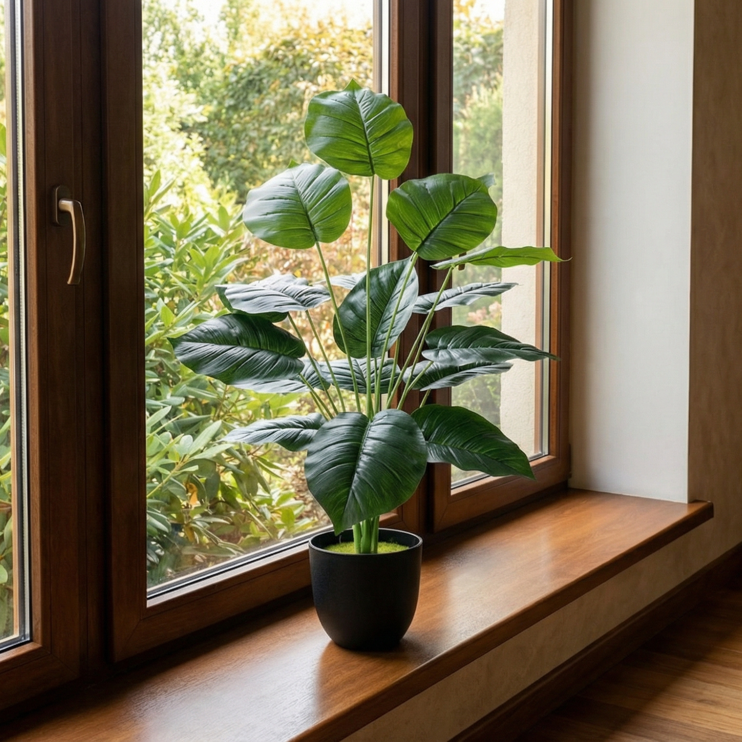 Dekorly Plastic Artificial Palm Plants Leaves Faux Turtle Leaf Monstera Tropical Large Palm Tree Leaves Outdoor Leaf Decorations | 26Inch Plants with Blackpot (Green Leaves)