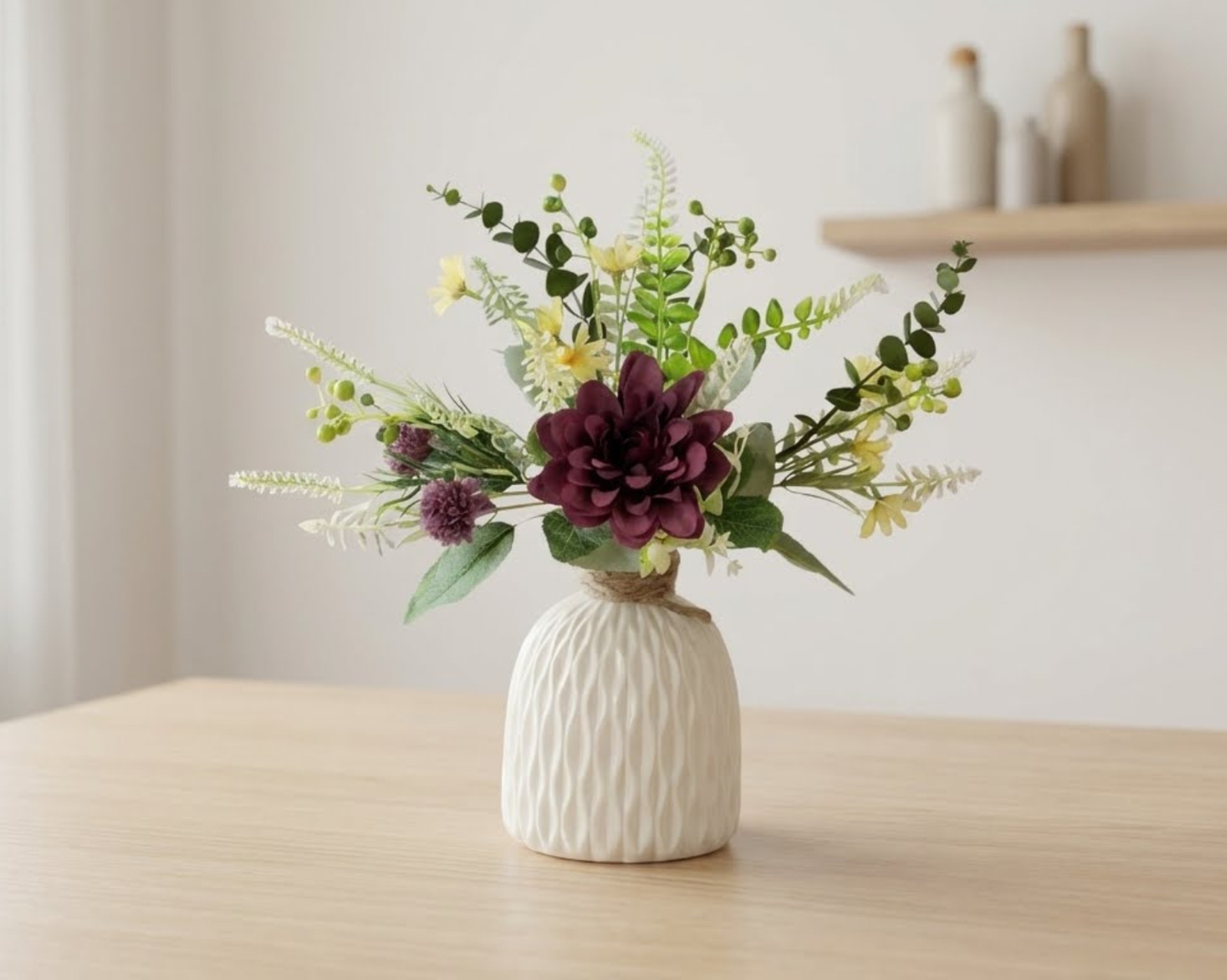 Dekorly Artificial Chrysanthemum Flower Arrangement with Textured Ceramic Vase | 30 cm Tall | Realistic Decorative Floral for Home, Office, Table & Shelf Décor (Free Vase)