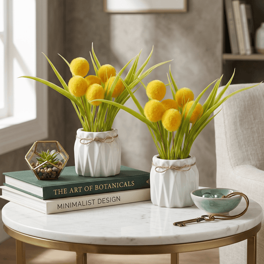 Dekorly 18CM Artificial Yellow Ping Pong Flower with White Pot – Realistic Mini Bloom for Modern Decor | Elegant Faux Floral for Vase & Decor (1, Yellow Pingpong)