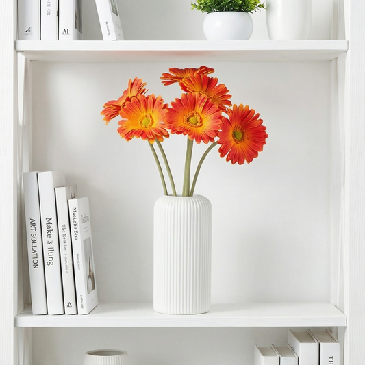 Dekorly Artificial Gerbera Flower Arrangement with White Ribbed Vase | 5 Flower Sticks | 45 cm Tall Decorative Vase (30 cm Vase Height) for Home, Office, Living Room & Table Décor
