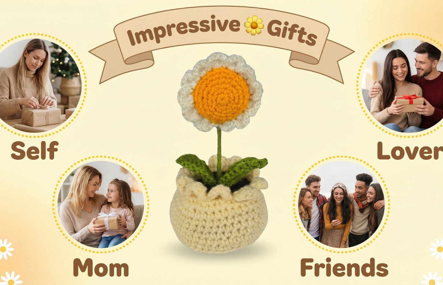 Dekorly Handmade Crochet White Daisy Flower Pot Décor – Yarn Floral Tabletop Showpiece for Home, Office & Gift Use (6 Inch Height)