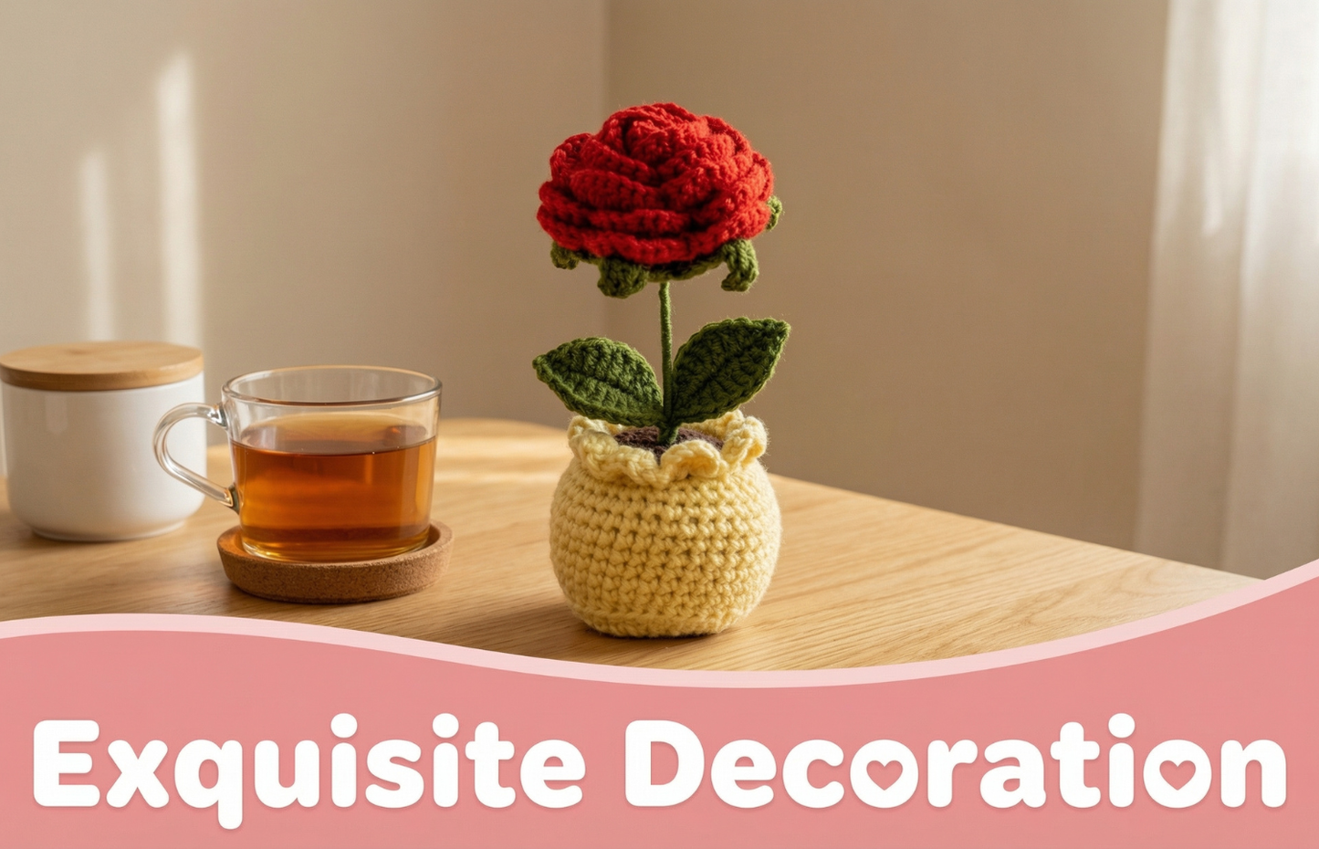 Dekorly Handmade Crochet Red Rose Flower Pot Décor – Yarn Floral Tabletop Showpiece for Home, Office & Gift Use (6 Inch Height)