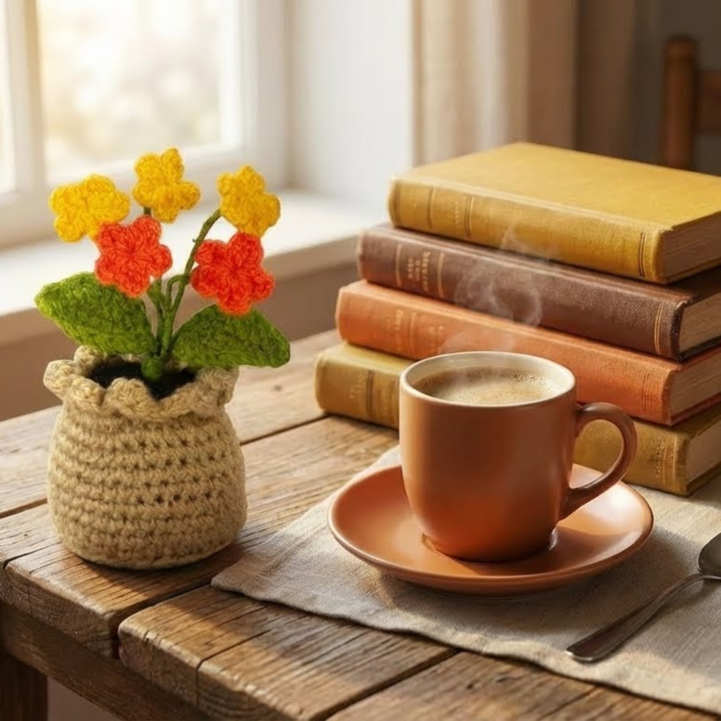 Dekorly Handmade Crochet Flower Pot Décor – Decorative Yarn Flower Arrangement for Home, Office & Gift Use (6 Inch Height)