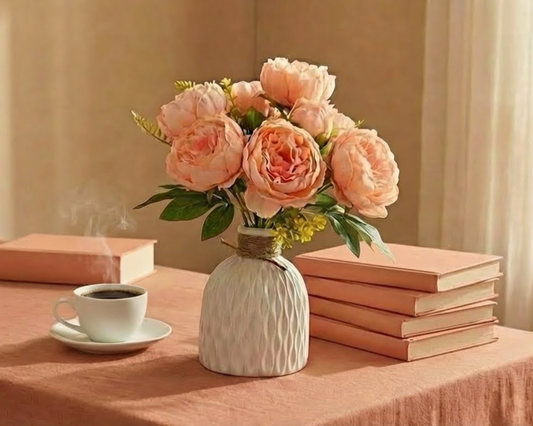 Dekorly Artificial Peony Flower Arrangement with WhiteVase | Premium Faux Floral Tabletop Decor for Home, Office & Living Room | 30 cm