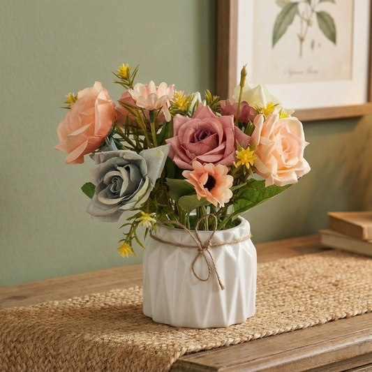 Dekorly Artificial Rose Flowers Multicolor 18cm in Pot | Premium Faux Flower Plant for Room Decor, Table Decor, Home & Office Decoration