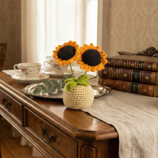 Dekorly Handmade Crochet Sunflower Plant with Pot – Double Bloom Yarn Flower Home & Desk Decor Gift