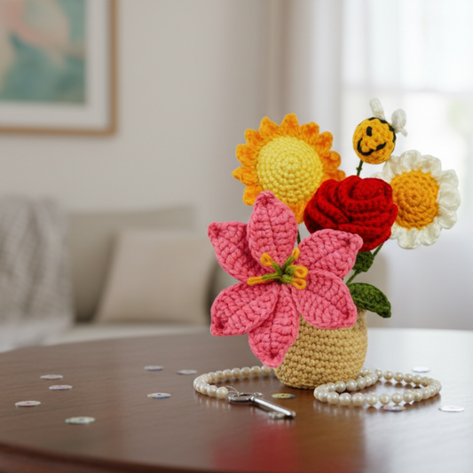 Dekorly Handmade Crochet Flower Bouquet with Pot – Mixed Yarn Flowers & Cute Bee, Home & Desk Decor Gift