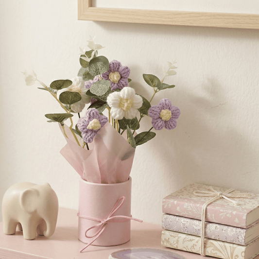 Dekorly Crochet Purple Daisy Bouquet 9 Inch with Pot | Handmade Knitted Flower Arrangement | Aesthetic Artificial Floral Gift for Home Decor Birthday Anniversary Valentine Gift