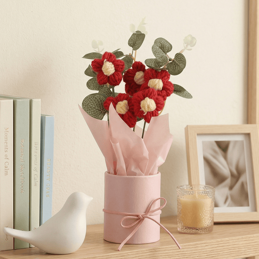 Dekorly Crochet Red Daisy Bouquet 9 Inch with Pot | Handmade Knitted Flower Arrangement | Romantic Artificial Floral Gift for Home Decor Valentine Birthday Anniversary Gift