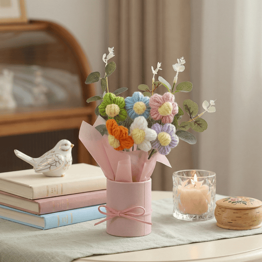 Dekorly Multicolor Crochet Daisy Bouquet 9 Inch with Pot | Handmade Knitted Flower Arrangement | Cute Artificial Floral Gift for Home Decor Birthday Anniversary Gift