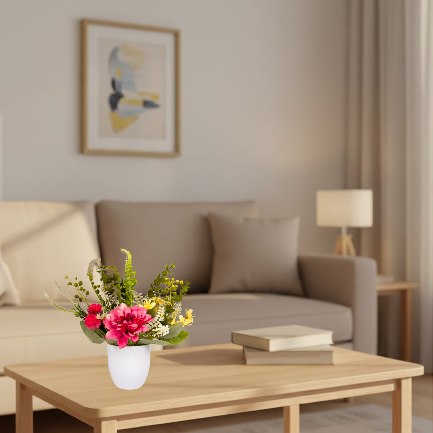 Dekorly Premium Faux Flower Chrysanthemum 28CM with Greenery- Burgundy & Yellow Bloom Mix in White Vase | Elegant Home Décor Vase Display