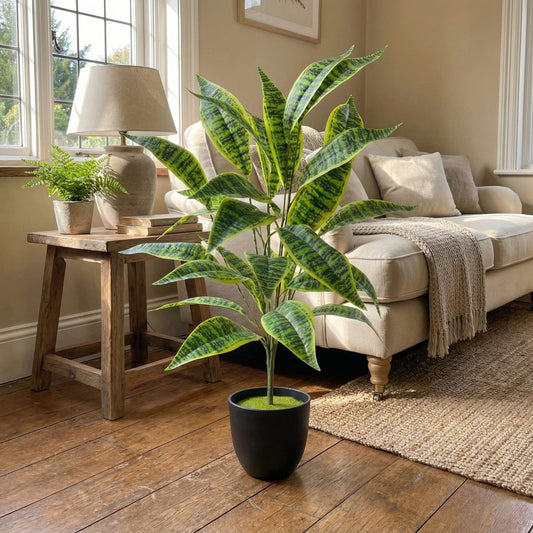 Dekorly Large Artificial Zebra Leaf Plant 26 Leaves – 30 Inch Fake Tropical Palm for Indoor Home Decor
