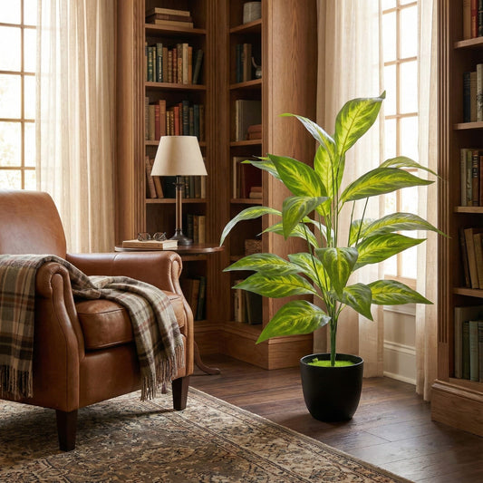 Dekorly Artificial Zebra Leaf Tropical Palm with Pot – 76 cm (30 Inch) Fake Plant with 26 Leaves for Indoor Home & Office Decor