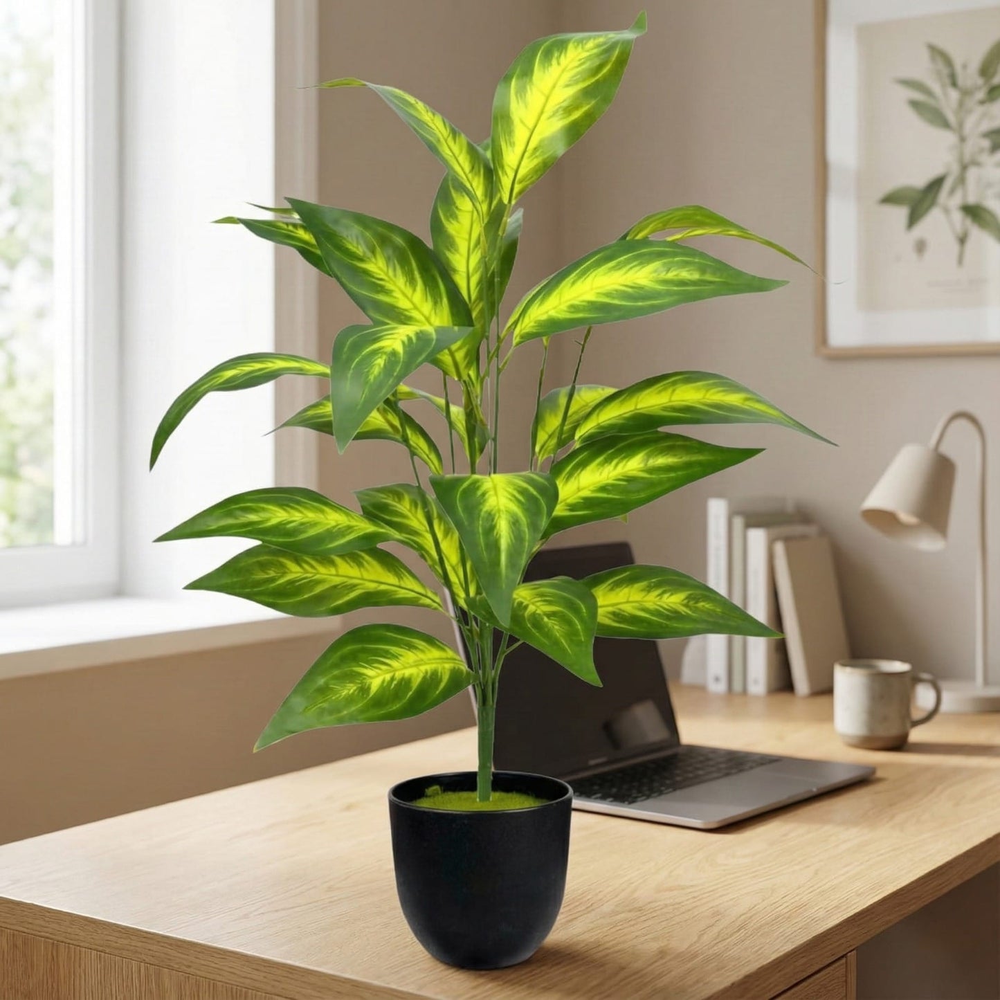 Dekorly Artificial Zebra Leaf Tropical Palm with Pot – 76 cm (30 Inch) Fake Plant with 26 Leaves for Indoor Home & Office Decor