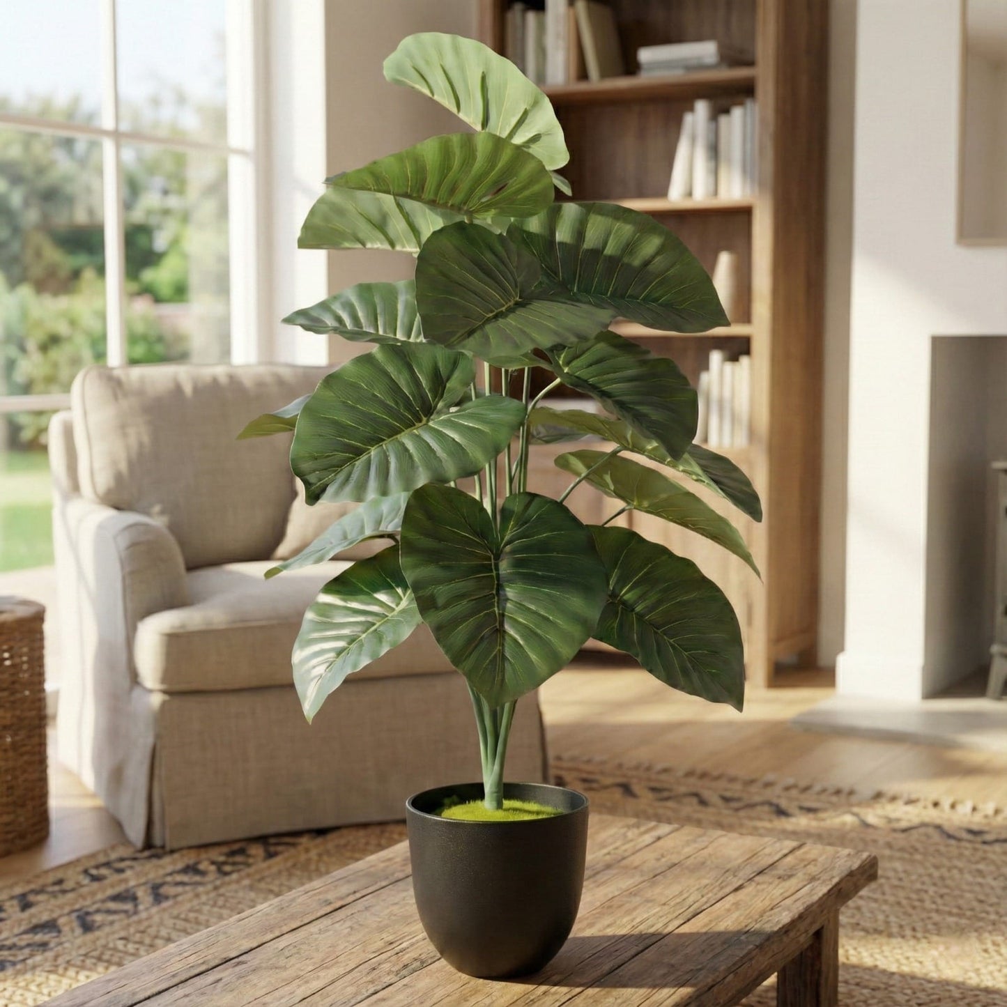 Dekorly 26″ Artificial Elephant Ear Plant in Black Pot for Home & Office