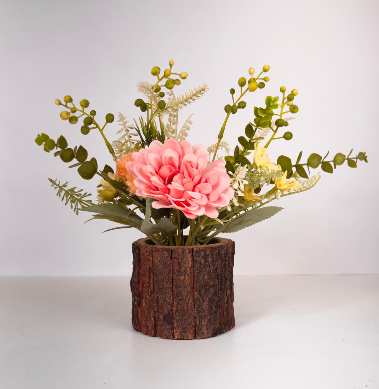 Dekorly 26cm Artificial Chrysanthemum Flower Arrangement – Burgundy & Yellow Blooms with Greenery in Rustic Wood-Style Pot | Lifelike Faux Floral Centerpiece for Home & Office Décor