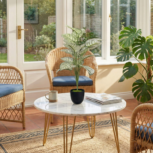 Dekorly Plastic Artificial Palm Plants Leaves Faux Turtle Leaf Fake Monstera Tropical Large Palm Tree Leaves Outdoor Leaf Decorations | 26Inch Plants with Blackpot (White-Green-Leaves)