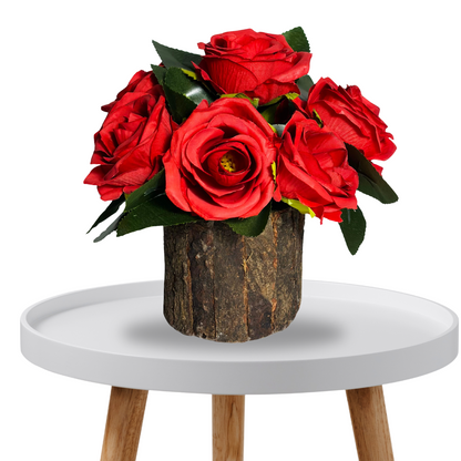 Wooden Potted Artificial Fabric Rose Flower Bunch Wooden Pot