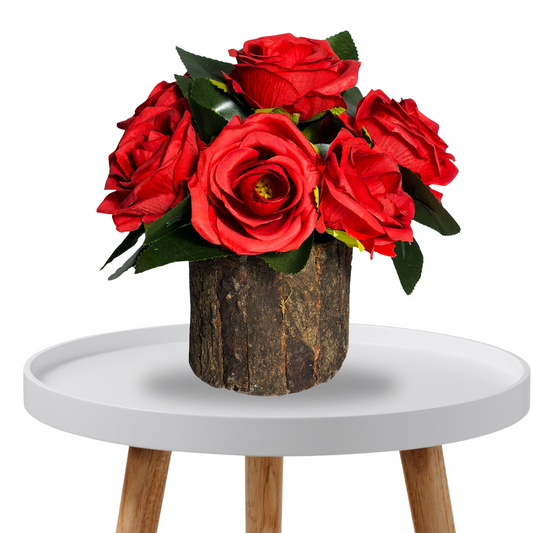 Wooden Potted Artificial Fabric Rose Flower Bunch