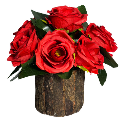 Wooden Potted Artificial Fabric Rose Flower Bunch Wooden Pot